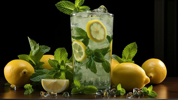 lemonade with lemons, mint leaves and limes.