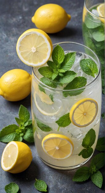 lemonade with mint leaves and lemons in a glass