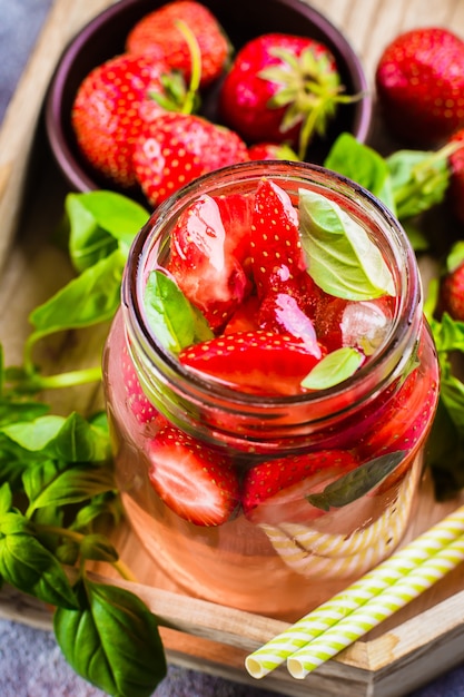 Lemonade with Strawberry and Basil in mason jar