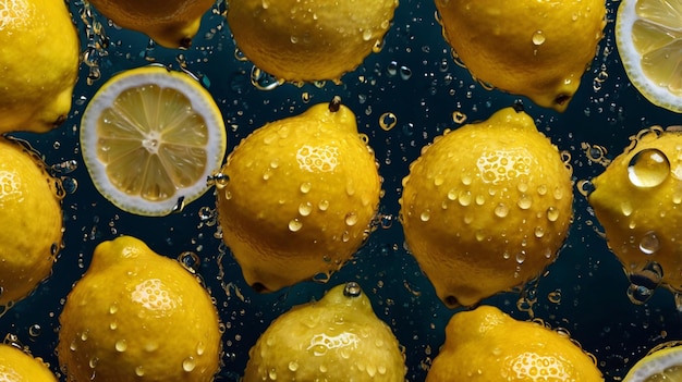 lemons are displayed on a blue background with water drops