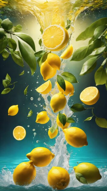 Photo lemons are falling into the water and the lemons are falling