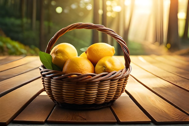 Lemons in a basket on a table in the sun