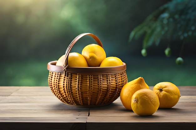 lemons in a basket on a table with a blurred background.