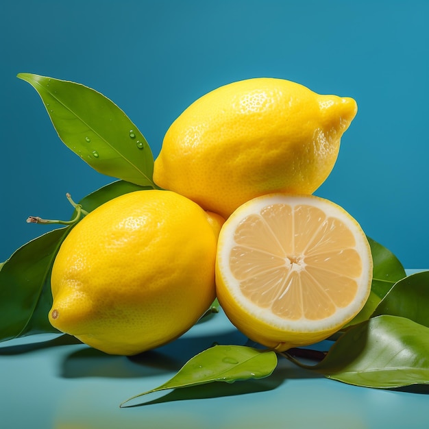 Lemons and lemons on a blue background with green leaves