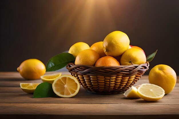 Lemons and lemons on a table with the sun shining behind them.