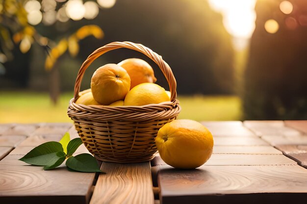 Lemons and lemons on a wooden table in the garden