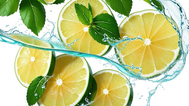 Lemons and limes splashing in the water