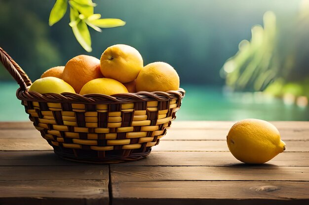 lemons and oranges in a basket on a wooden table