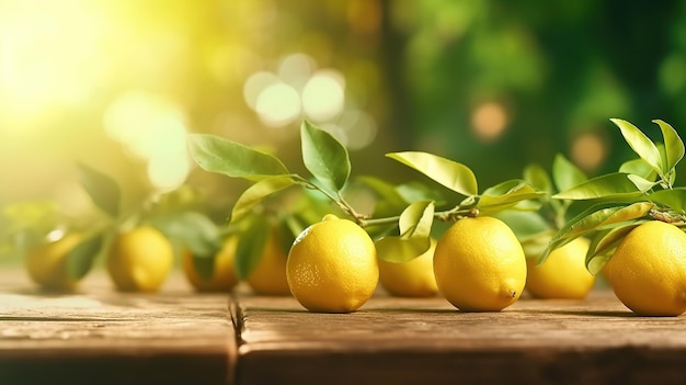 Lemons in an orchard on a wooden table in the background Generative AI