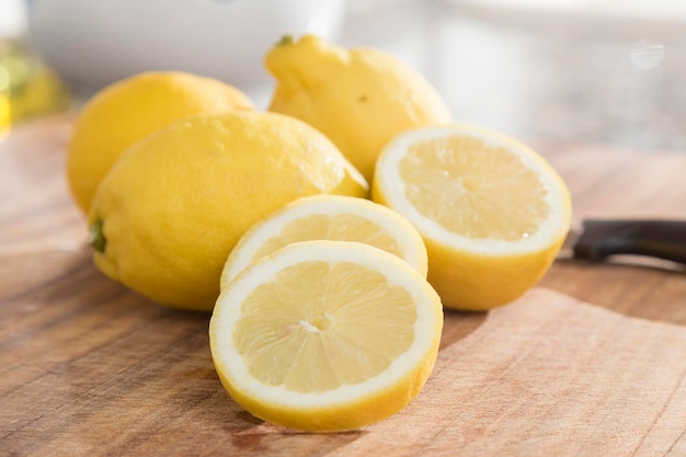 Lemons prepared on the kitchen table yellow citrus