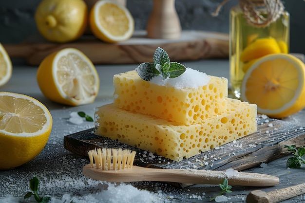 Lemons and sponges on cutting board