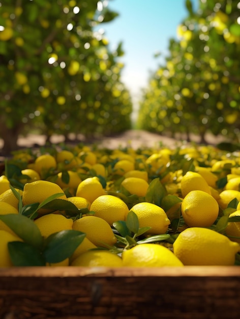 Lemons in a wooden box on the background of the field