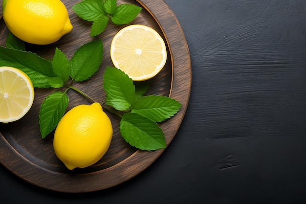 Lemons in a wooden plate on a dark stone surface top view