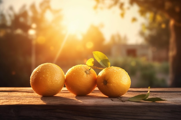 Lemons on a wooden table in the garden Selective focus generative ai