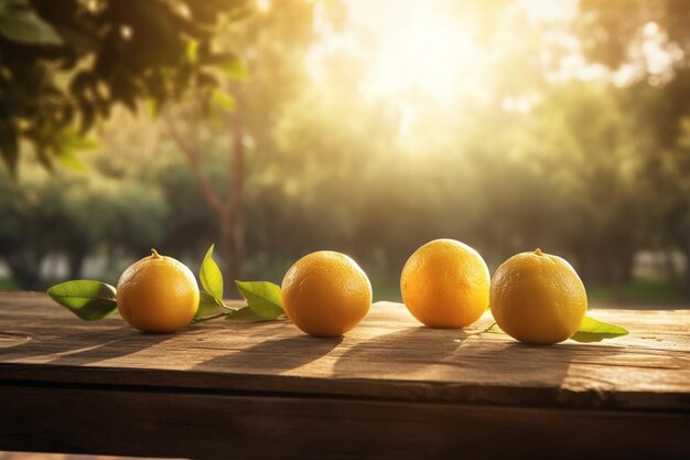 Lemons on a wooden table in the garden Selective focus generative ai