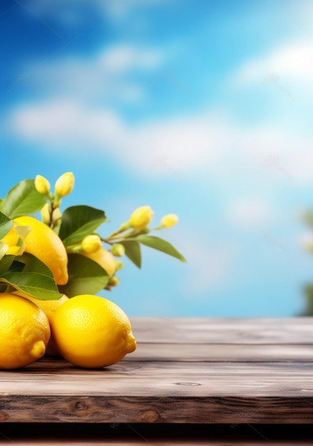 Lemons on a wooden table with a blue sky background.