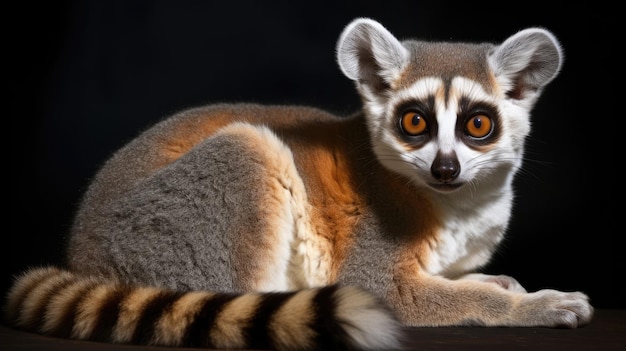 A lemur sits on a black background.