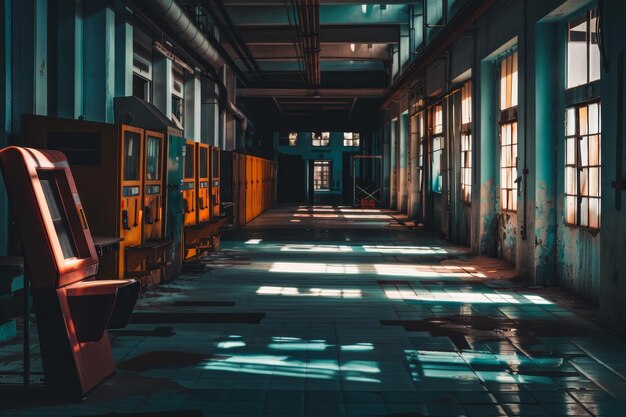 A lengthy hallway featuring numerous windows and doors with dim lighting Rows of empty machines with dim lighting casting shadows on the floor