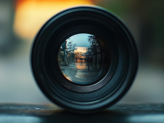 Photo lens zooming in on a distant object symbolizing focus