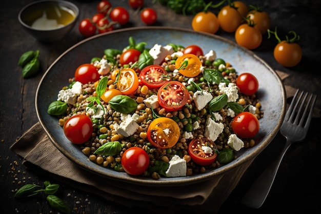 Lentil salad with cherry tomatoes and feta cheese