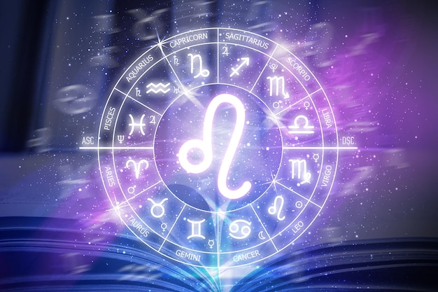 Leo zodiac sign Leo icon on blue space background Zodiac circle