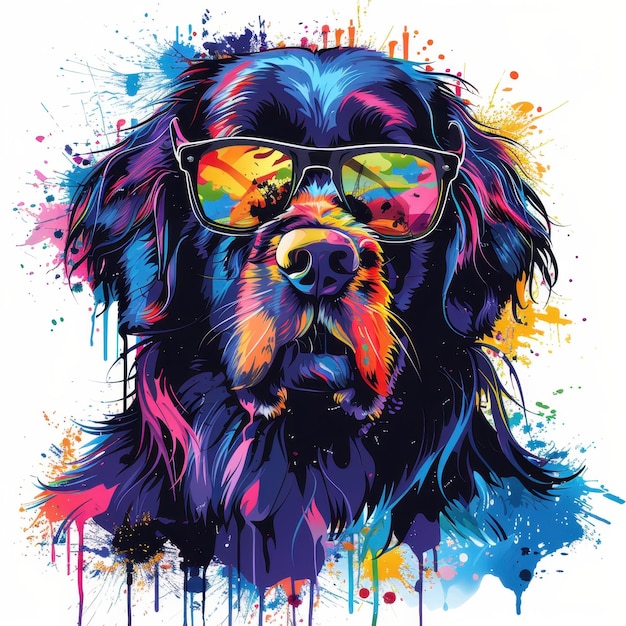 Leonberger dog wearing sunglasses in colorful pop art style