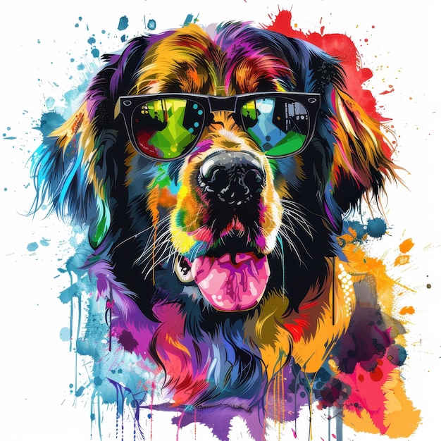 Leonberger dog wearing sunglasses in colorful pop art style