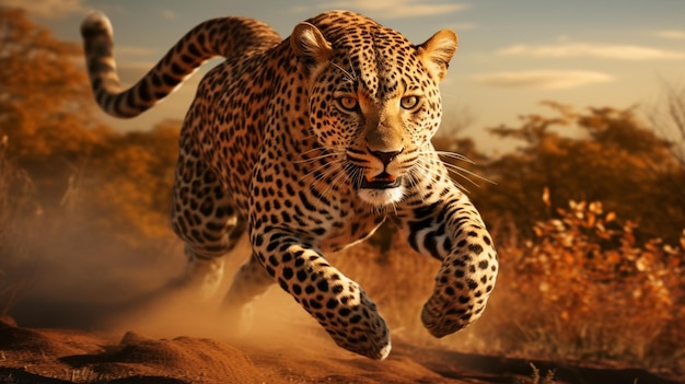 Leopard animal jumping field wallpaper image Generative AI