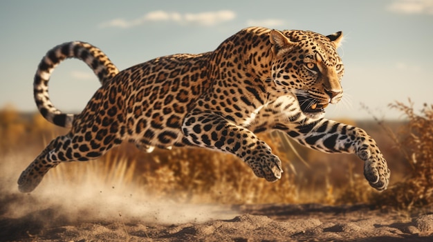 Leopard animal jumping field wallpaper image Generative AI