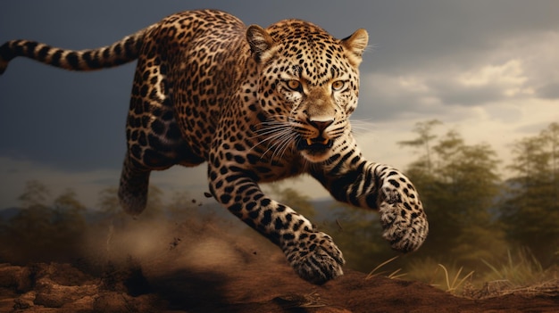 Leopard animal jumping field wallpaper image Generative AI