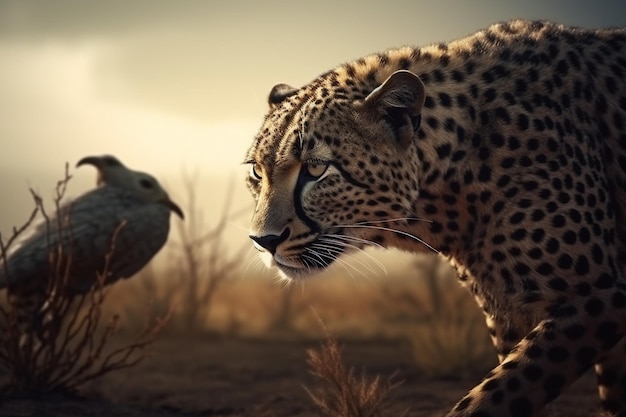 A leopard and a bird are looking at each other.