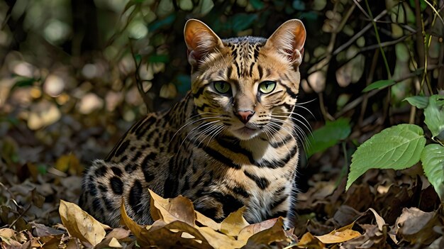 A leopard cat with its distinctive spotted coat is crouched near the forest floor