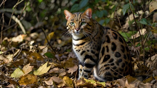 A leopard cat with its distinctive spotted coat is crouched near the forest floor