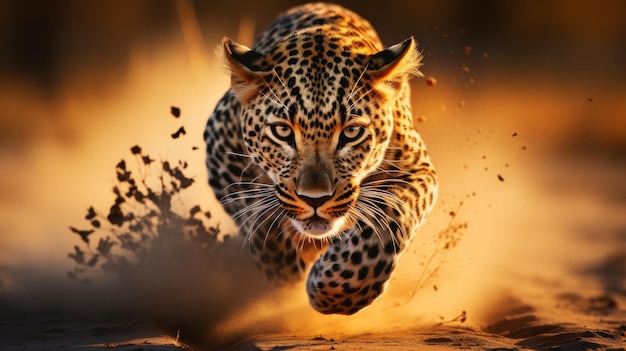 Leopard displaying dynamic motion while actively pursuing its prey in a captivating wildlife scene