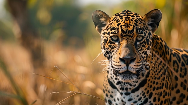 a leopard in a field with a blurry background