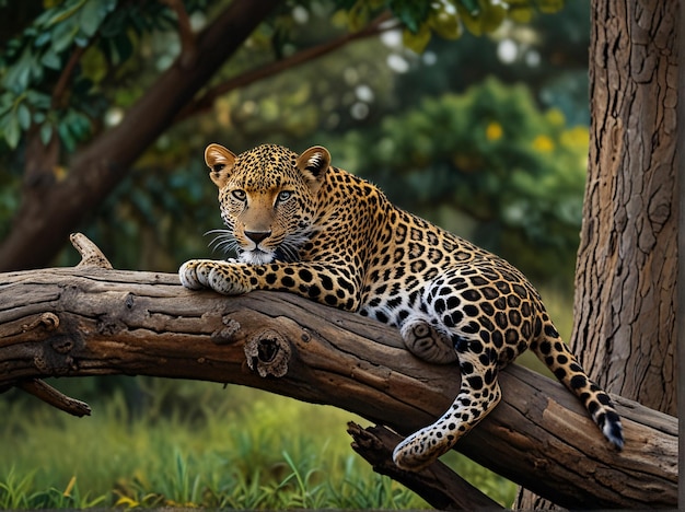 Leopard In Forest Siting On Branch