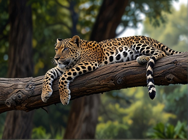 Leopard In Forest Siting On Branch