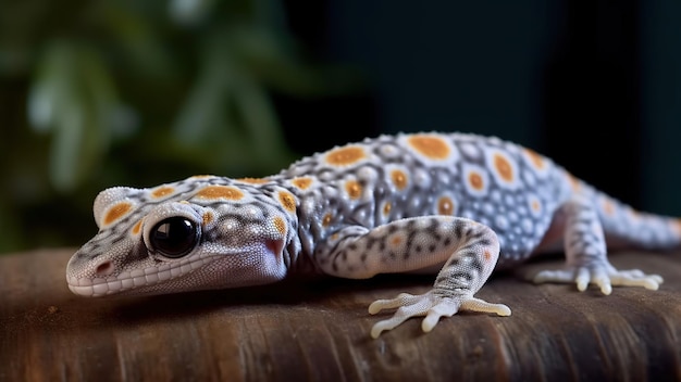 A leopard gecko sits on a wooden surface.