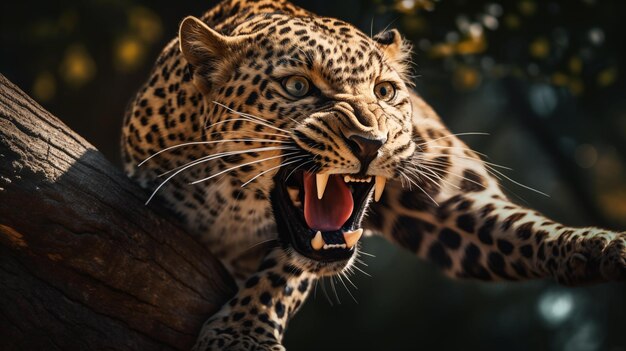 Photo leopard growling with open mouth displaying fierceful aggression