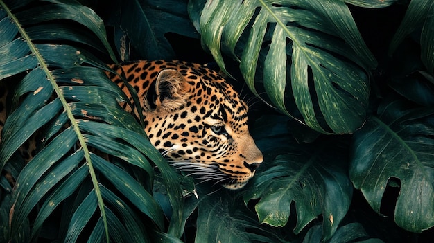 Photo a leopard head is laying on a green leafy plant