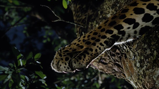 a leopard head is sticking out of a tree branch