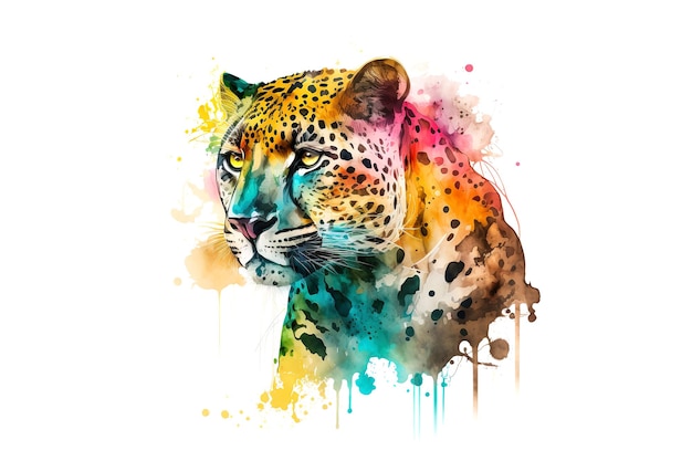 Leopard is drawn with multicolored watercolors isolated on a white background Generated by AI