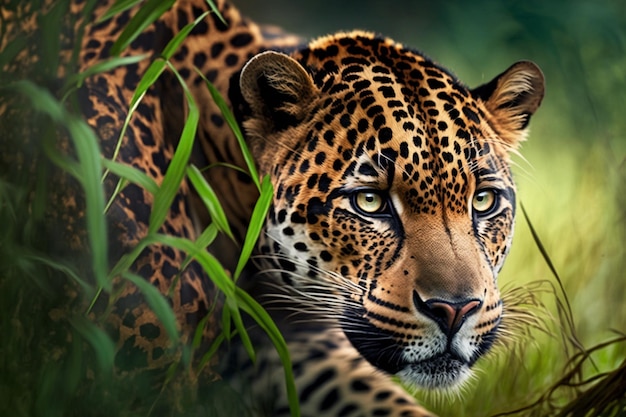 A leopard is in the grass and looks at the camera.