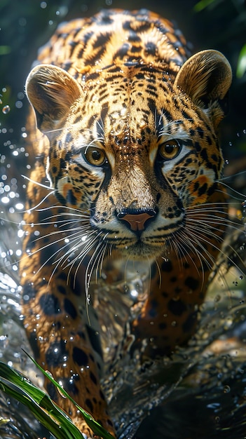 a leopard is reflected in a glass of water