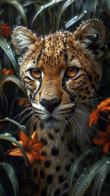 a leopard is shown in the picture with a flower in the foreground