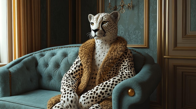 Photo a leopard is sitting on a blue couch in a room with a picture of a leopard