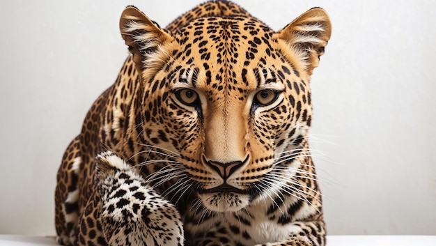 a leopard is sitting on a table with a white background