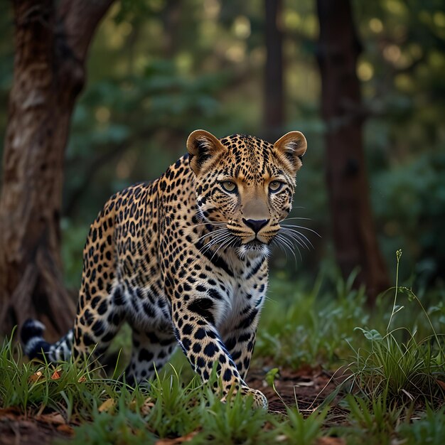 a leopard is standing in the grass in front of a tree