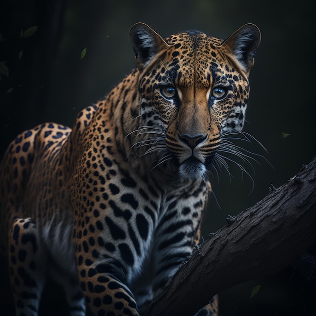 A leopard is standing on a tree branch with a dark background