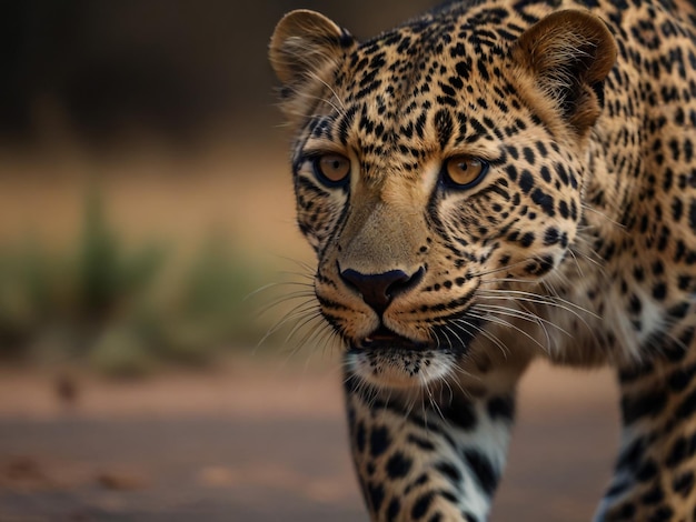 a leopard is walking on a road with a black and white face